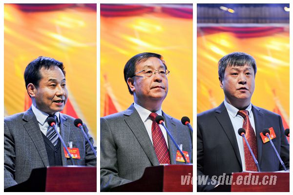 山东省教育工会主席宋志明(左)出席会议并致辞,山东大学党委常务副书记李建军(中)主持开幕式,常务副校长王琪珑(右)作提案工作报告